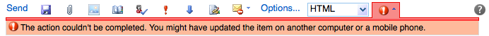 Screenshot of error message: "The action couldn't be completed. You might have updated the item on another computer or a mobile phone."